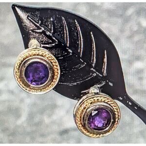Vintage 925 Sterling 14K Gold Accent Amethyst Art Deco Stud Earrings